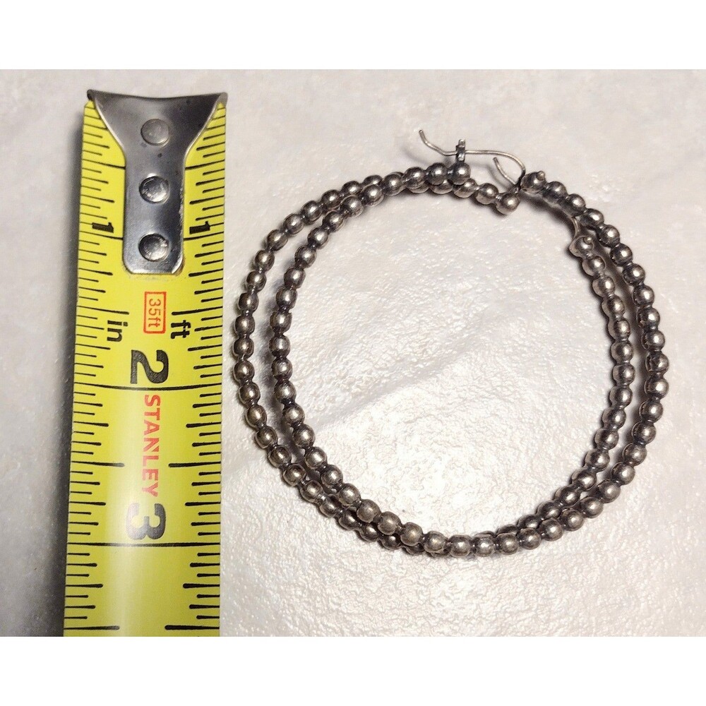 3" Vintage Silver tone Ball Bead Big Hoop Dangle Earrings - Picture 5 of 7